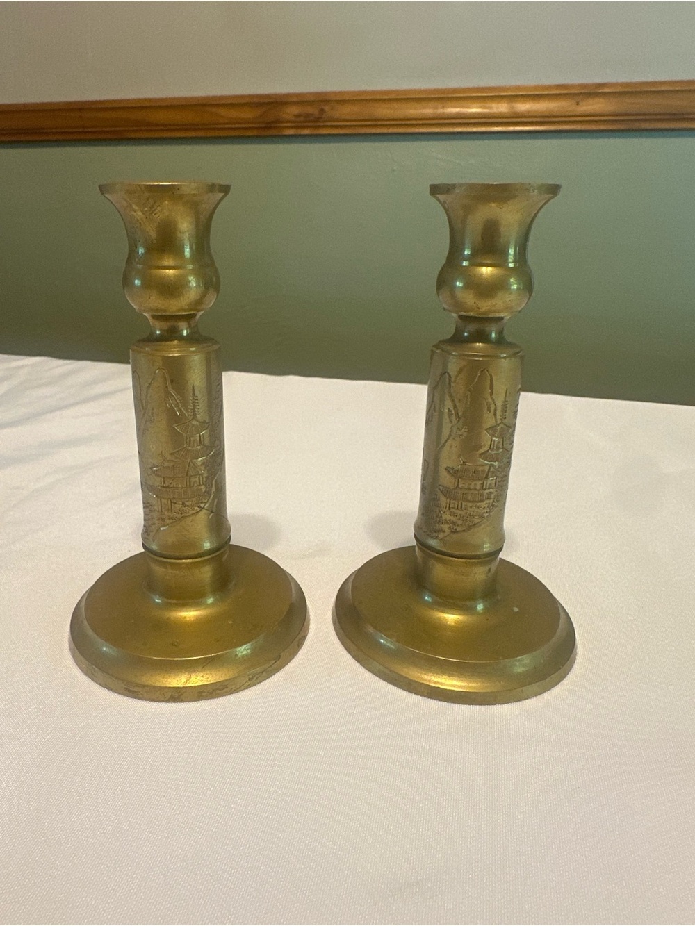 Vintage Japanese landscaping brass candleholders